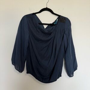Alice + Olivia Navy Blue Silk Draped Blouse Embellished Beaded Detail Small